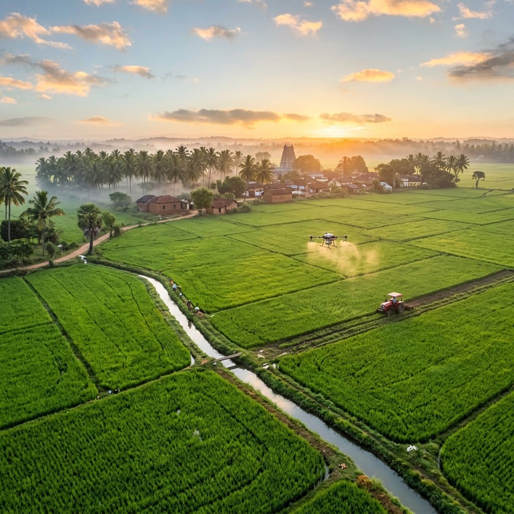 Photorealistic aerial drone view of vast green Indian paddy fields at golden sunrise