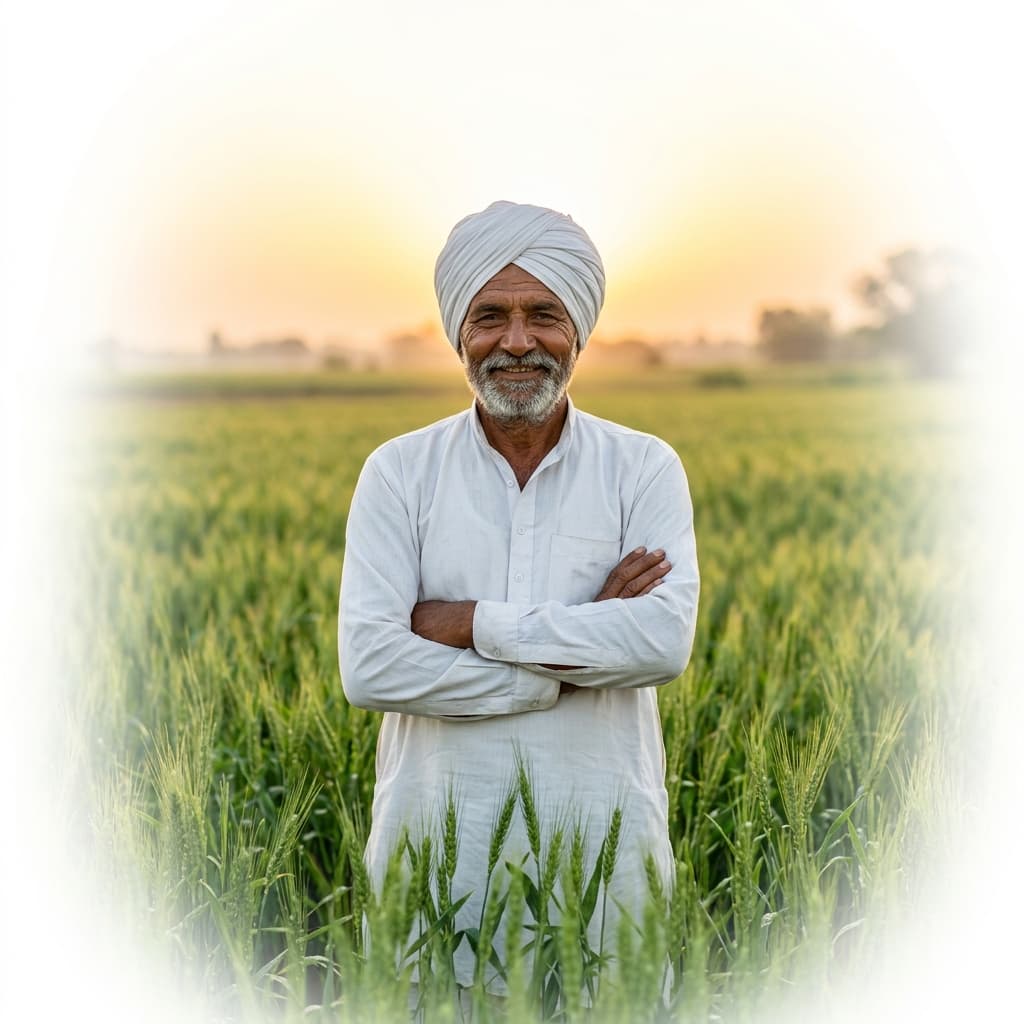 Sharp Indian farmer portrait with wide multi-side feathered background dissolve